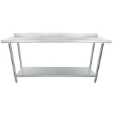 An NSF stainless steel work table featuring a smooth, rectangular top, raised rear backsplash, sturdy legs, and a lower storage shelf. Its industrial design is functional and ideal for kitchens or workspaces.
