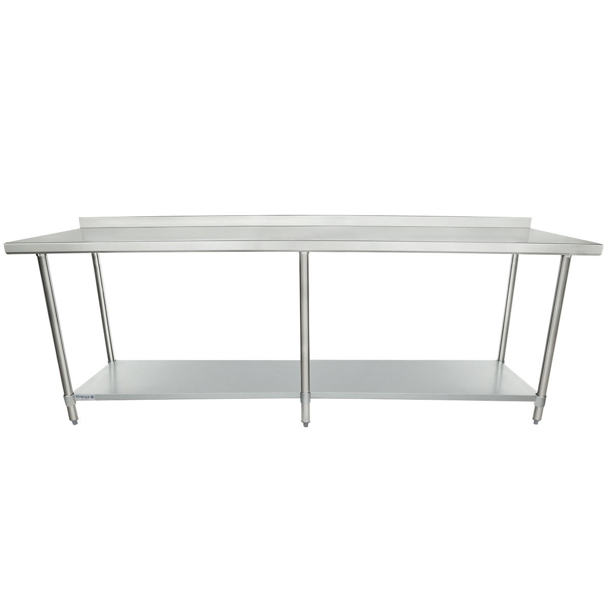 A stainless steel work table with a backsplash, four legs, an under-shelf for storage, and an open design. This NSF certified table is clean and industrial-looking, ideal for kitchens, laboratories, or workspaces.