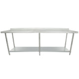 A stainless steel work table with a backsplash, four legs, an under-shelf for storage, and an open design. This NSF certified table is clean and industrial-looking, ideal for kitchens, laboratories, or workspaces.