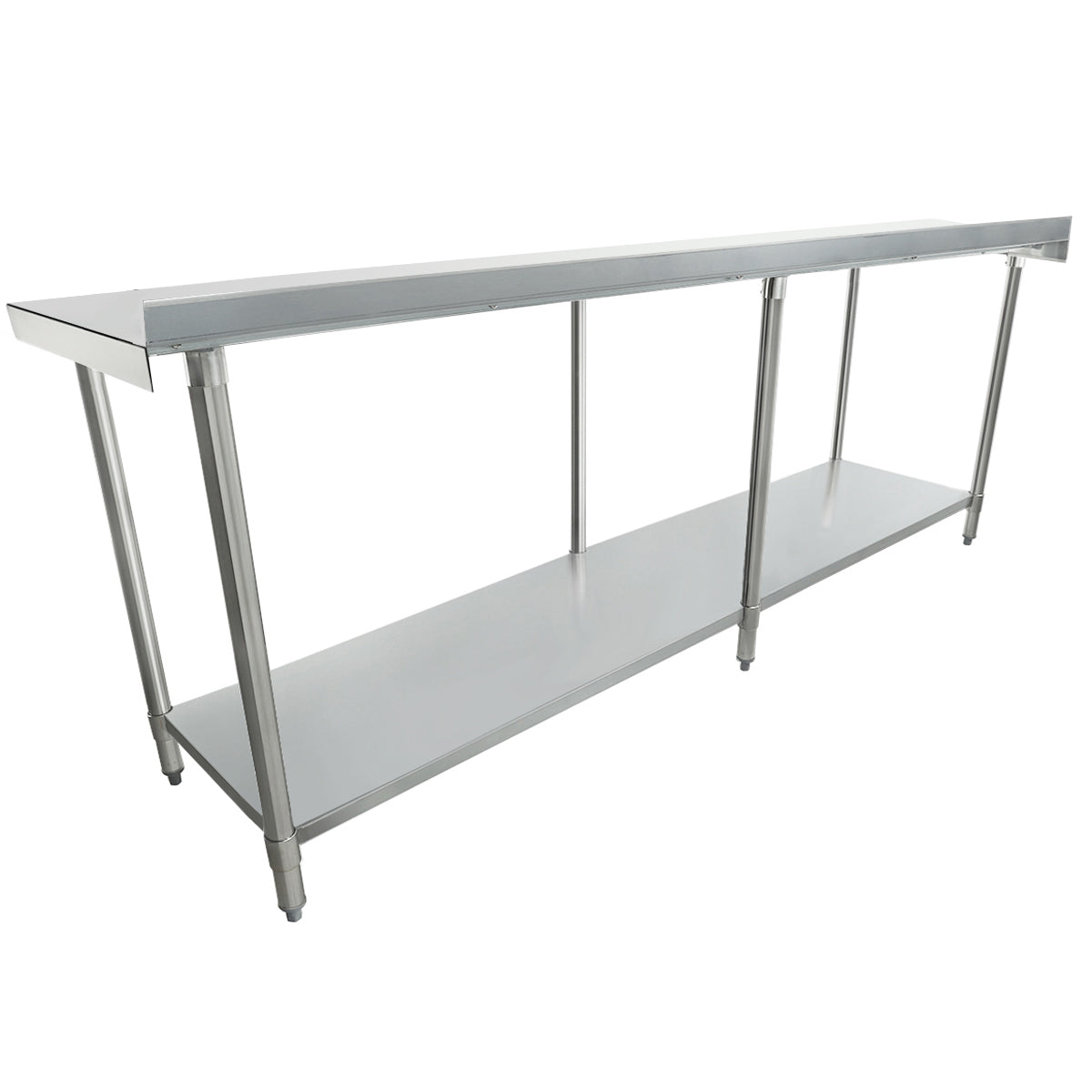 A minimalist, industrial stainless steel work table with four legs and an undershelf for storage. Featuring a smooth, flat top and open sides, this NSF certified table is ideal for kitchens or commercial food prep areas.