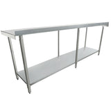 A minimalist, industrial stainless steel work table with four legs and an undershelf for storage. Featuring a smooth, flat top and open sides, this NSF certified table is ideal for kitchens or commercial food prep areas.