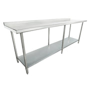 A long, NSF certified stainless steel table with a backsplash, four sturdy legs, and a lower open shelf for storage. The smooth, industrial surface is ideal for food preparation or commercial use. The design is simple and utilitarian.