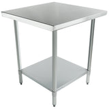 A stainless steel NSF work table with a flat square top, four round legs, and an undershelf for extra storage. The table features adjustable feet and a clean, industrial design ideal for kitchens or workspaces.