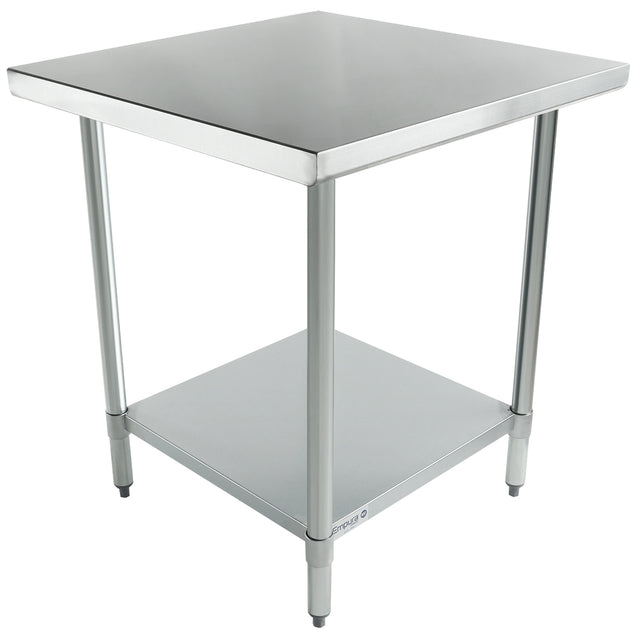A stainless steel NSF work table with a flat square top, four round legs, and an undershelf for extra storage. The table features adjustable feet and a clean, industrial design ideal for kitchens or workspaces.