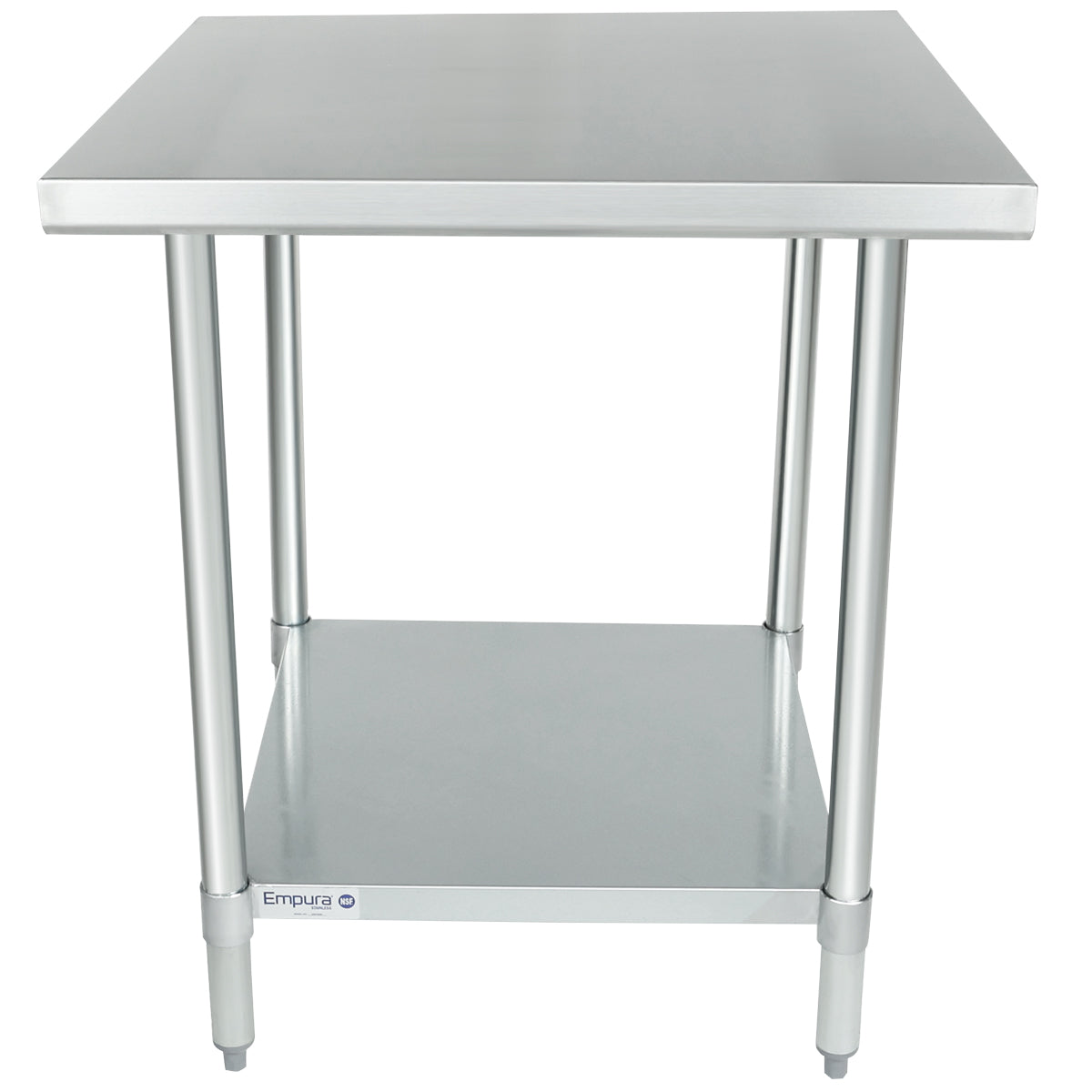 An NSF stainless steel work table with four cylindrical legs and a lower shelf. The tabletop is flat and smooth, while the sturdy shelf offers extra storage space. The brand name “Empura” appears on the front edge of the shelf.