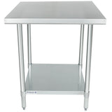 An NSF stainless steel work table with four cylindrical legs and a lower shelf. The tabletop is flat and smooth, while the sturdy shelf offers extra storage space. The brand name “Empura” appears on the front edge of the shelf.