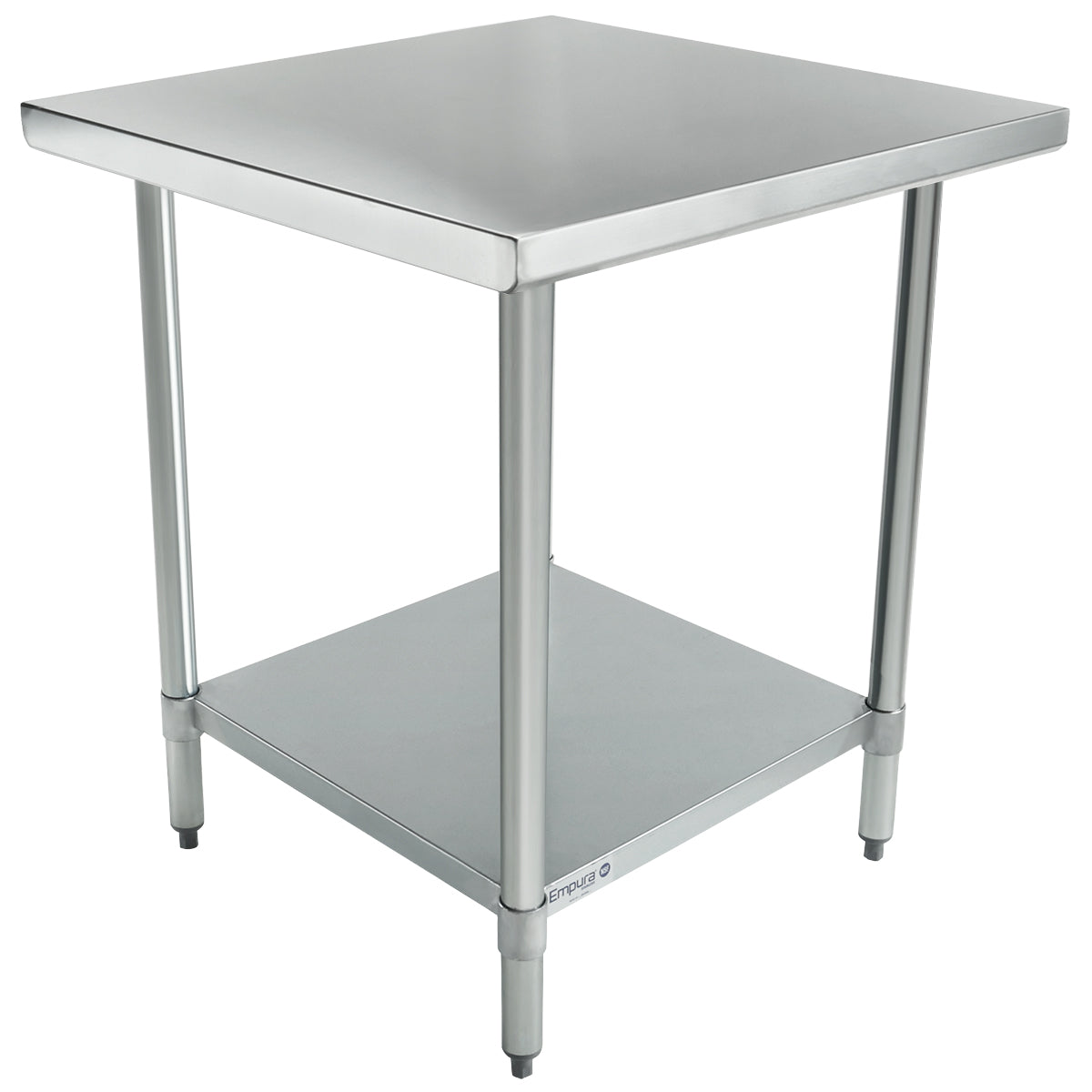 NSF stainless steel work table with a square top, four round legs, and an undershelf for storage. Its simple, functional design features adjustable feet for stability, making it ideal for commercial kitchen or industrial use.