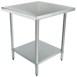 NSF stainless steel work table with a square top, four round legs, and an undershelf for storage. Its simple, functional design features adjustable feet for stability, making it ideal for commercial kitchen or industrial use.