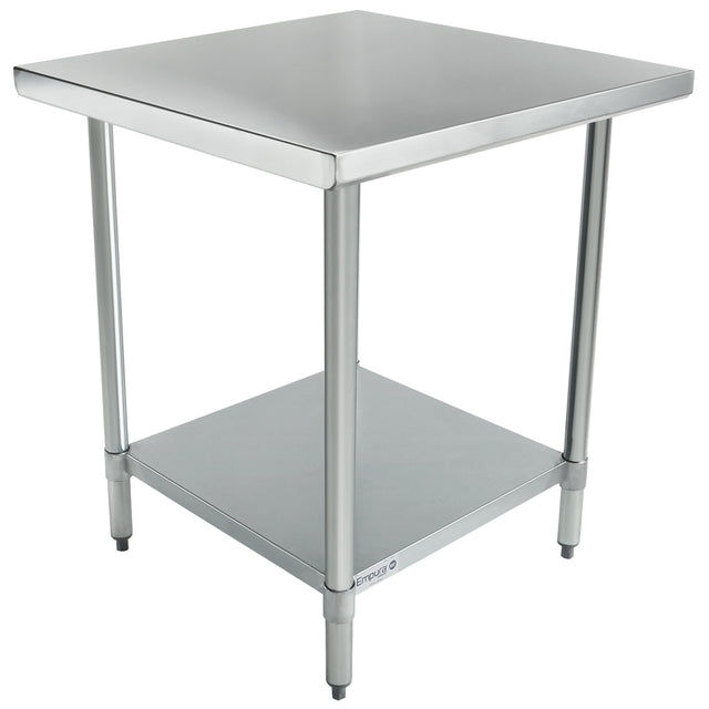 NSF stainless steel work table with a square top, four round legs, and an undershelf for storage. Its simple, functional design features adjustable feet for stability, making it ideal for commercial kitchen or industrial use.