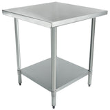 A stainless steel NSF work table featuring a square top, four cylindrical legs, and an undershelf for extra storage. Its smooth surface and adjustable feet ensure stability, making it ideal for industrial kitchens or busy workspaces.