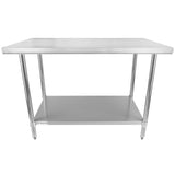 A stainless steel work table with four legs and an open lower shelf. NSF certified, its smooth rectangular tabletop and lower shelf offer extra storage. Simple and sturdy, it’s ideal for kitchens or industrial settings.