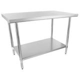 A stainless steel work table with a flat top surface, four cylindrical legs, and an NSF-certified lower shelf for added storage. Its simple, industrial design makes it ideal for kitchens or workspaces.