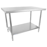 A NSF-certified stainless steel work table with four cylindrical legs and a flat top surface. A lower shelf connects the legs for extra storage. Its simple, industrial design and adjustable feet make it ideal for kitchen or commercial use.