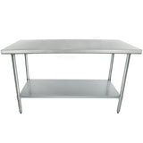 An NSF stainless steel work table with a flat rectangular top, four metal legs, and a lower shelf for storage. Its minimalist, industrial design is ideal for commercial kitchens or workshops, making it perfect for food prep or other tasks.