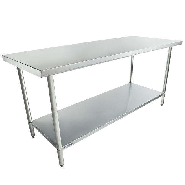 A 72 inch stainless steel work table with a flat rectangular top, four sturdy legs, and an undershelf for extra storage. The simple, industrial design suits kitchens or workshops. Adjustable feet provide stability on uneven surfaces.