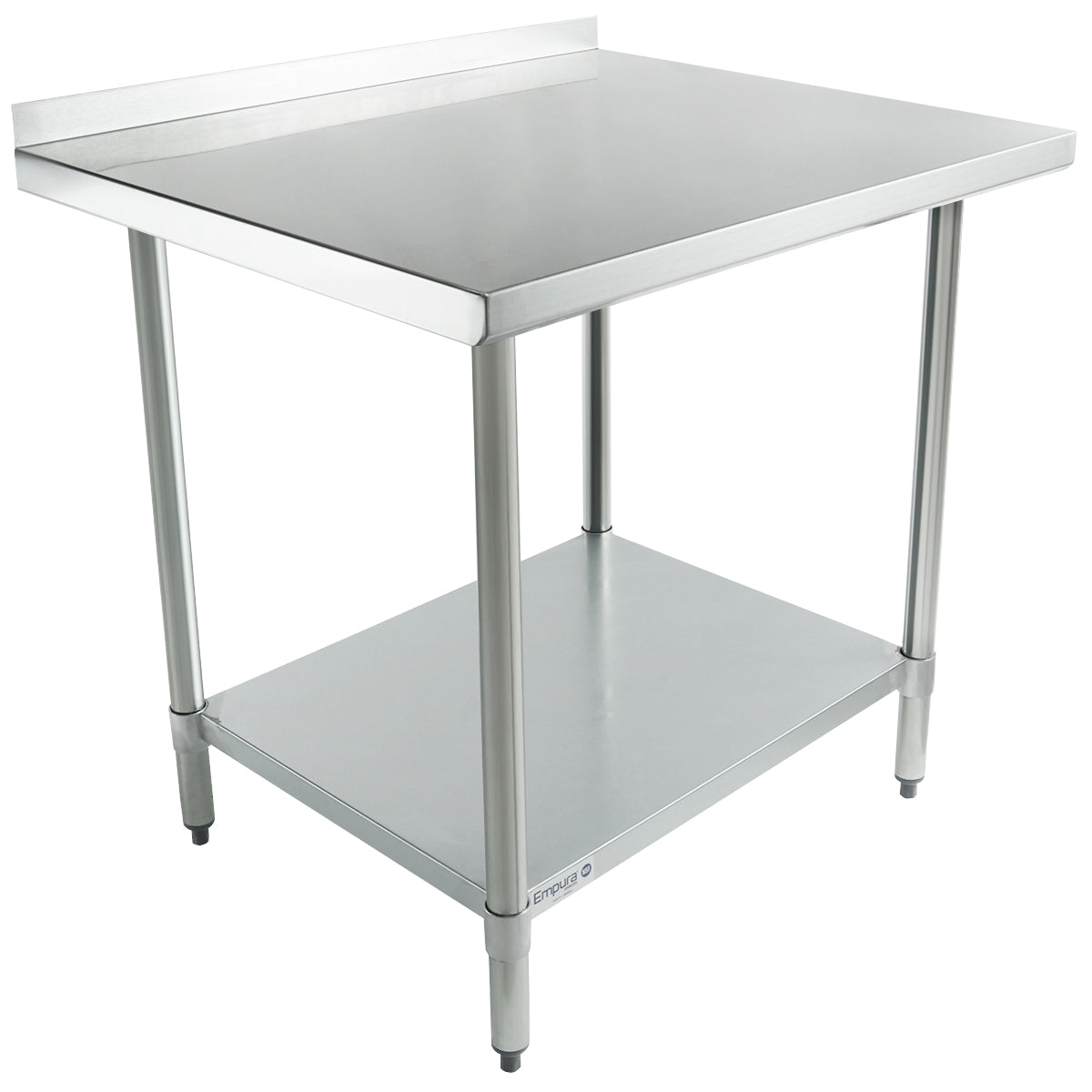 An NSF stainless steel work table with four cylindrical legs, a flat top, a short rear backsplash, and a lower shelf for extra storage; the table features an industrial, minimalist design.