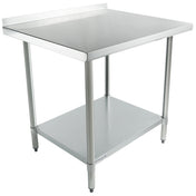 An NSF stainless steel work table with four cylindrical legs, a flat top, a short rear backsplash, and a lower shelf for extra storage; the table features an industrial, minimalist design.