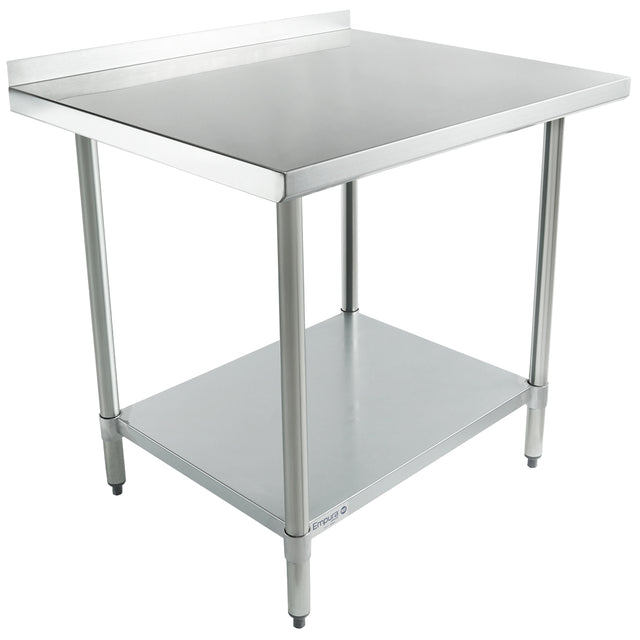 An NSF stainless steel work table with four cylindrical legs, a flat top, a short rear backsplash, and a lower shelf for extra storage; the table features an industrial, minimalist design.
