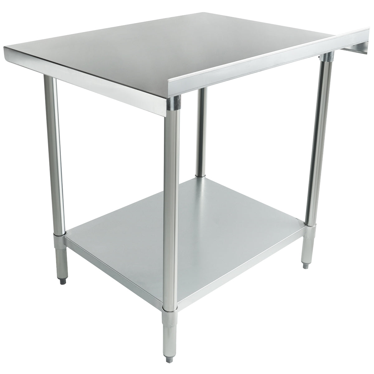 This NSF stainless steel work table features four sturdy legs, a flat rectangular top, and an undershelf. Its industrial design suits kitchens or workshops, with adjustable feet for stability and a clean, reflective surface.