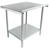 This NSF stainless steel work table features four sturdy legs, a flat rectangular top, and an undershelf. Its industrial design suits kitchens or workshops, with adjustable feet for stability and a clean, reflective surface.
