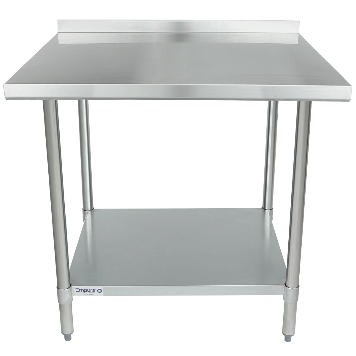 A stainless steel NSF work table with four cylindrical legs, a flat top surface, a rear backsplash, and a lower shelf. The table is labeled Empura on a small tag on the lower shelf. The background is plain white.