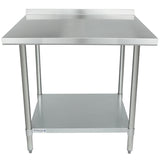 A stainless steel NSF work table with four cylindrical legs, a flat top surface, a rear backsplash, and a lower shelf. The table is labeled Empura on a small tag on the lower shelf. The background is plain white.