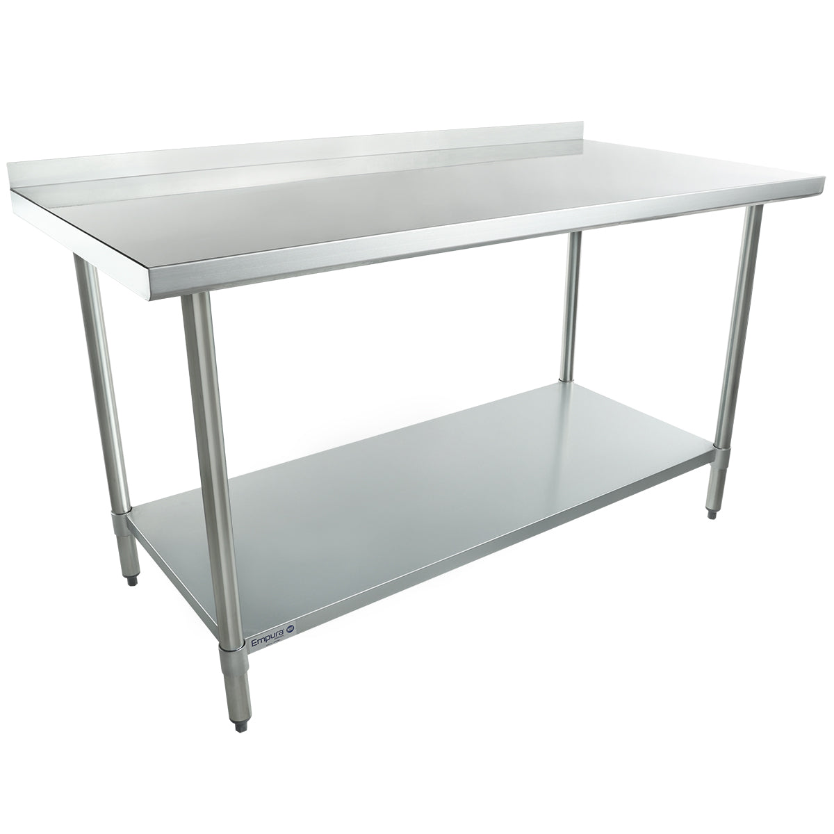 A 60 inch stainless steel work table with a backsplash on one side, four straight legs, and a lower storage shelf. The table features a smooth, reflective surface and is ideal for commercial or industrial use.