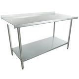 A 60 inch stainless steel work table with a backsplash on one side, four straight legs, and a lower storage shelf. The table features a smooth, reflective surface and is ideal for commercial or industrial use.