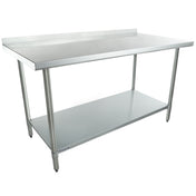 A 60 inch stainless steel work table with a backsplash on one side, four straight legs, and a lower storage shelf. The table features a smooth, reflective surface and is ideal for commercial or industrial use.