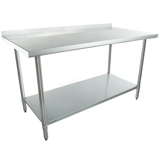 A 60 inch stainless steel work table with a backsplash on one side, four straight legs, and a lower storage shelf. The table features a smooth, reflective surface and is ideal for commercial or industrial use.