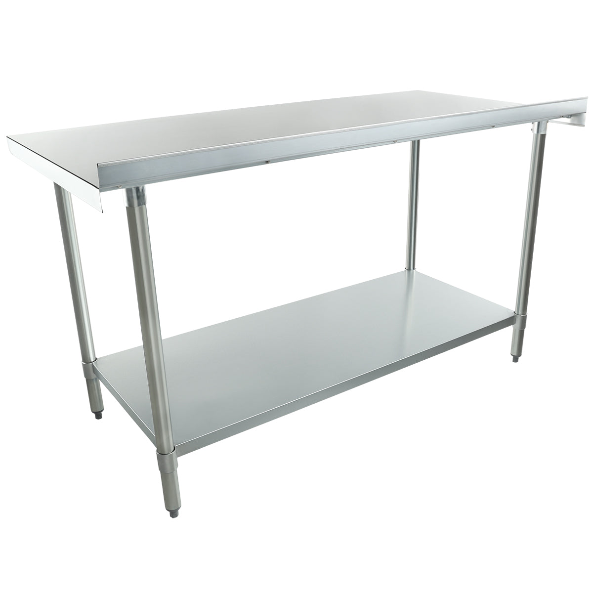 A 60 inch stainless steel work table with four cylindrical legs, a smooth rectangular tabletop, and a lower flat shelf. The simple, industrial design is ideal for kitchens or workshops and features adjustable feet for stability.
