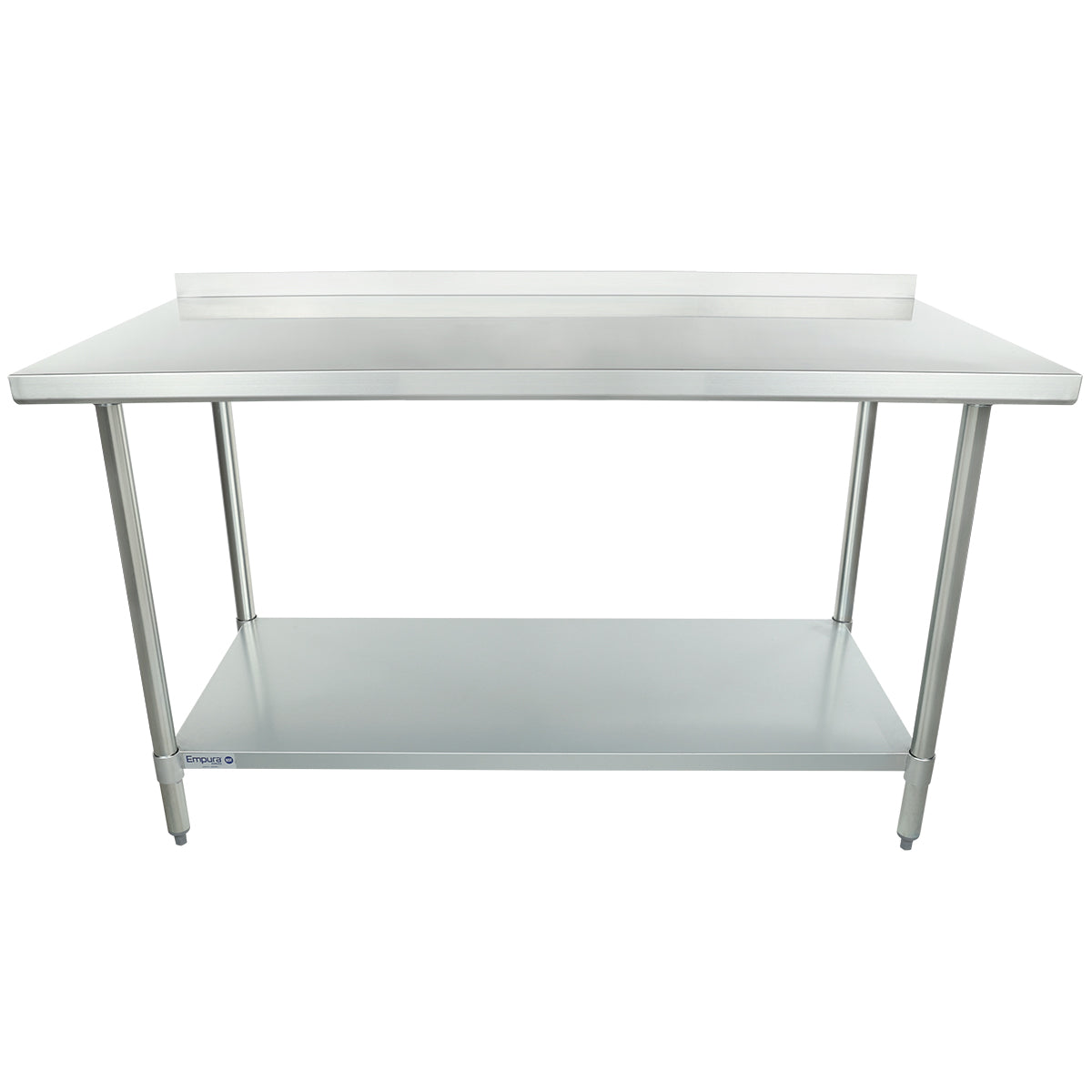A 60 inch stainless steel work table with a flat top, raised back edge, four cylindrical legs, and a lower shelf. Clean and empty, its designed for kitchen or industrial use, providing ample workspace and sturdy support.
