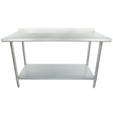 A 60 inch stainless steel work table with a flat top, raised back edge, four cylindrical legs, and a lower shelf. Clean and empty, its designed for kitchen or industrial use, providing ample workspace and sturdy support.