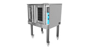 A commercial ENERGY STAR stainless steel convection oven on tall legs with wheels, featuring two glass-fronted doors, a right-side control panel, and multiple rack positions inside. The look is sleek and industrial.