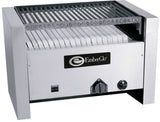 A commercial stainless steel EmberGlo charbroiler with a slotted metal grate, ceramic briquettes beneath, a front logo, control knob, and ignition button, designed for countertop use in professional kitchens using propane gas.