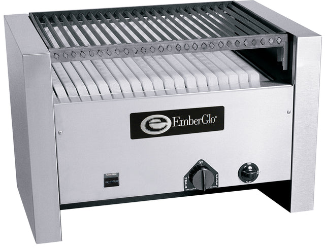A commercial stainless steel EmberGlo charbroiler with a slotted metal grate, ceramic briquettes beneath, a front logo, control knob, and ignition button, designed for countertop use in professional kitchens using propane gas.