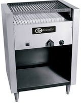 A stainless steel EmberGlo natural gas charbroiler with an open grilling top, a control dial and switch on the front panel, Flaretrol flame control, and an open bottom shelf for storage. The appliance stands on four metal legs.