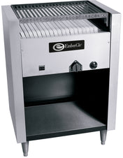 A stainless steel EmberGlo natural gas charbroiler with an open grilling top, a control dial and switch on the front panel, Flaretrol flame control, and an open bottom shelf for storage. The appliance stands on four metal legs.