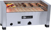 A stainless steel EmberGlo kabob charbroiler with stainless steel skewers holds assorted vegetables, beef, and chicken kebabs. The grill surface glows red-hot, with control knobs and a logo displayed on the front.