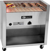 A stainless steel EmberGlo Kabob Charbroiler grill on wheels with glowing heating elements, nine skewers of assorted grilled meats and vegetables on top, and an open storage shelf below. The grill features control knobs and a manufacturer label on the front.