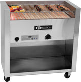 A stainless steel EmberGlo Kabob charbroiler on wheels with multiple skewers of assorted grilled vegetables and meat positioned over glowing red heating elements. The lower section is open for storage.