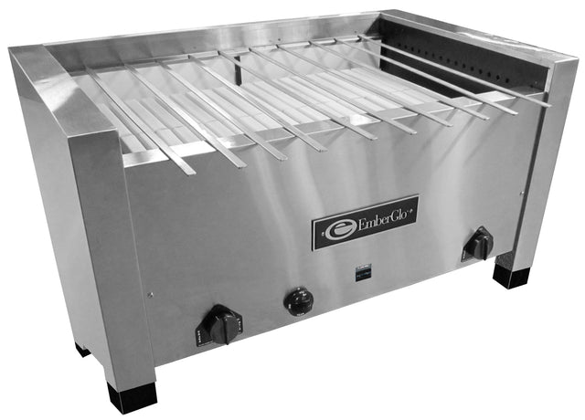 A stainless steel commercial kabob charbroiler with multiple skewers arranged horizontally across the top, two control knobs on the front, black legs, and a branded EmberGlo logo. The clean, rectangular design runs on propane gas for efficient grilling.