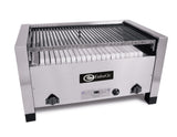A commercial stainless steel charbroiler with parallel metal grates on top, a ceramic hearth of white briquettes beneath, and two black control knobs on each side. EmberGlo logo is displayed on the front center panel.