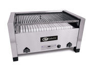 A commercial stainless steel charbroiler with parallel metal grates on top, a ceramic hearth of white briquettes beneath, and two black control knobs on each side. EmberGlo logo is displayed on the front center panel.