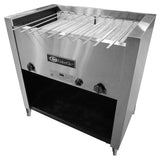 A commercial stainless steel Kabob charbroiler with multiple skewers across the top, EmberGlo brand label in the center, control knobs on both sides, and an open lower shelf with four legs. This propane gas grill is clean and ready for use.