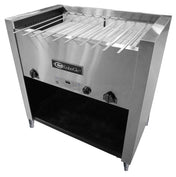 A commercial stainless steel Kabob charbroiler with multiple skewers across the top, EmberGlo brand label in the center, control knobs on both sides, and an open lower shelf with four legs. This propane gas grill is clean and ready for use.