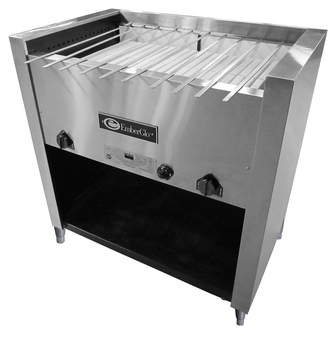 A commercial stainless steel kabob charbroiler grill with slotted grill rods on top, two black control knobs on the front panel, the brand name “EmberGlo” displayed, and an open shelf space below for storage or ventilation.