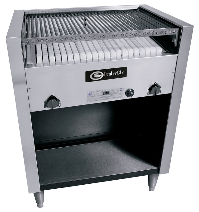 A commercial stainless steel Charbroiler gas grill with vertical ceramic rods beneath metal grates, two control knobs, the EmberGlo logo on the front, and an open storage shelf below. This propane gas grill stands on four short legs.