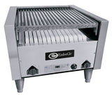 A commercial stainless steel countertop charbroiler with metal grates, two front control knobs, sturdy legs, and an EmberGlo logo. White ceramic briquettes sit beneath the grates. The grill is photographed on a plain white background.