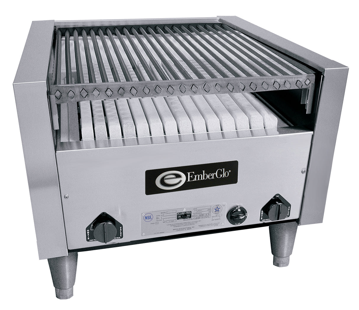 A stainless steel countertop Charbroiler with raised grates, two control knobs, and the EmberGlo logo on the front. Ceramic briquettes are visible beneath the grill surface. It operates on natural gas and features a sturdy, industrial design with four short legs.